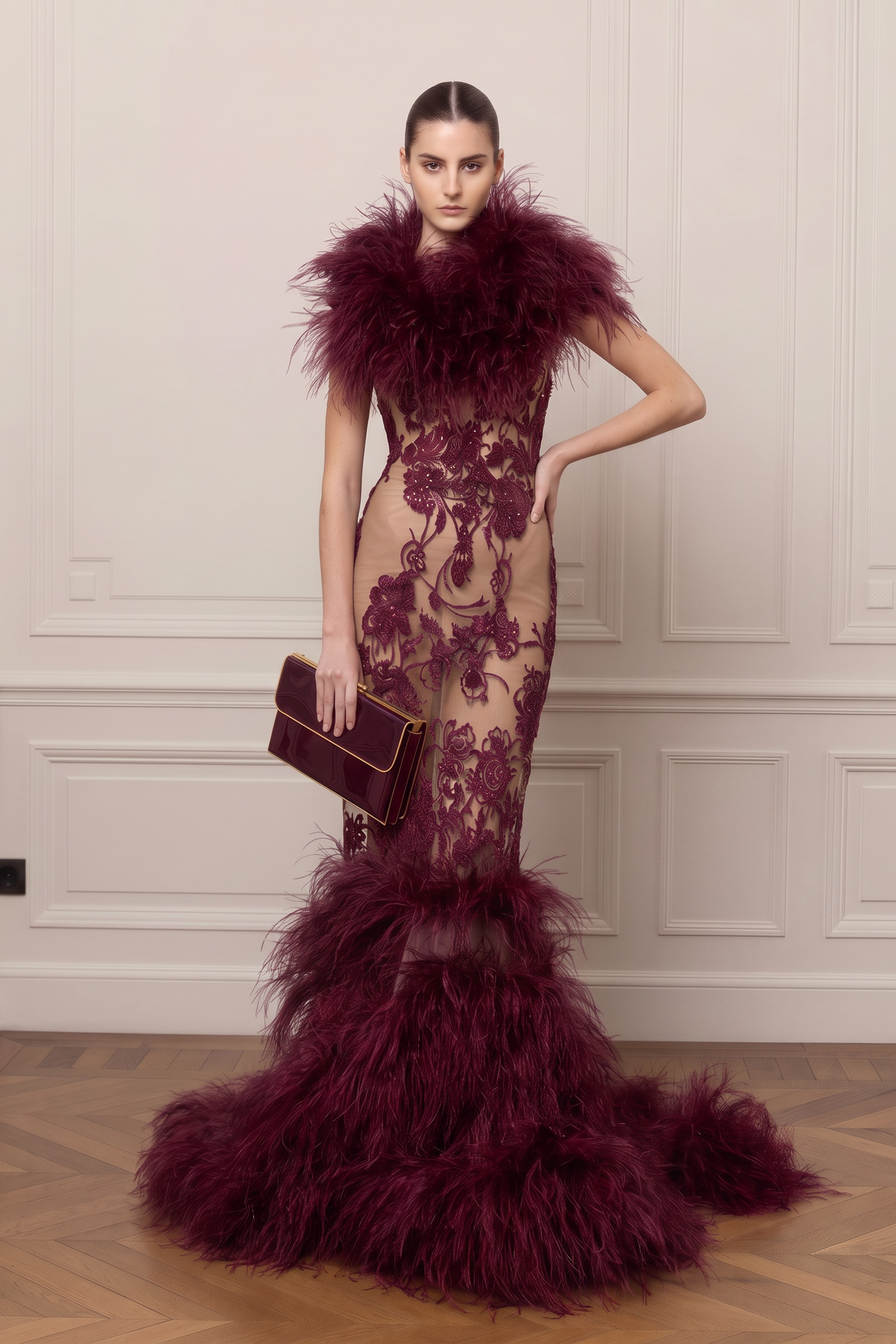 Feather Collar Lace Gown