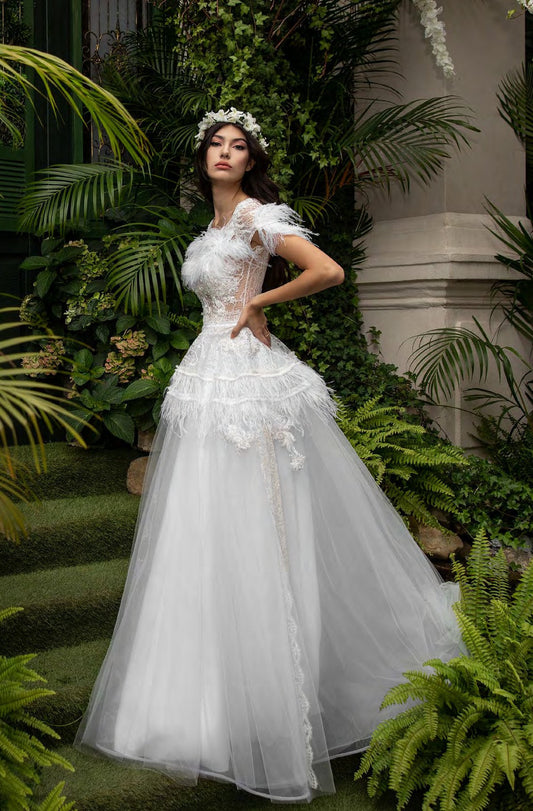 Feathered Cap Sleeve A-Line Gown