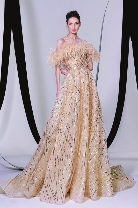 Feathered Off Shoulder Gown