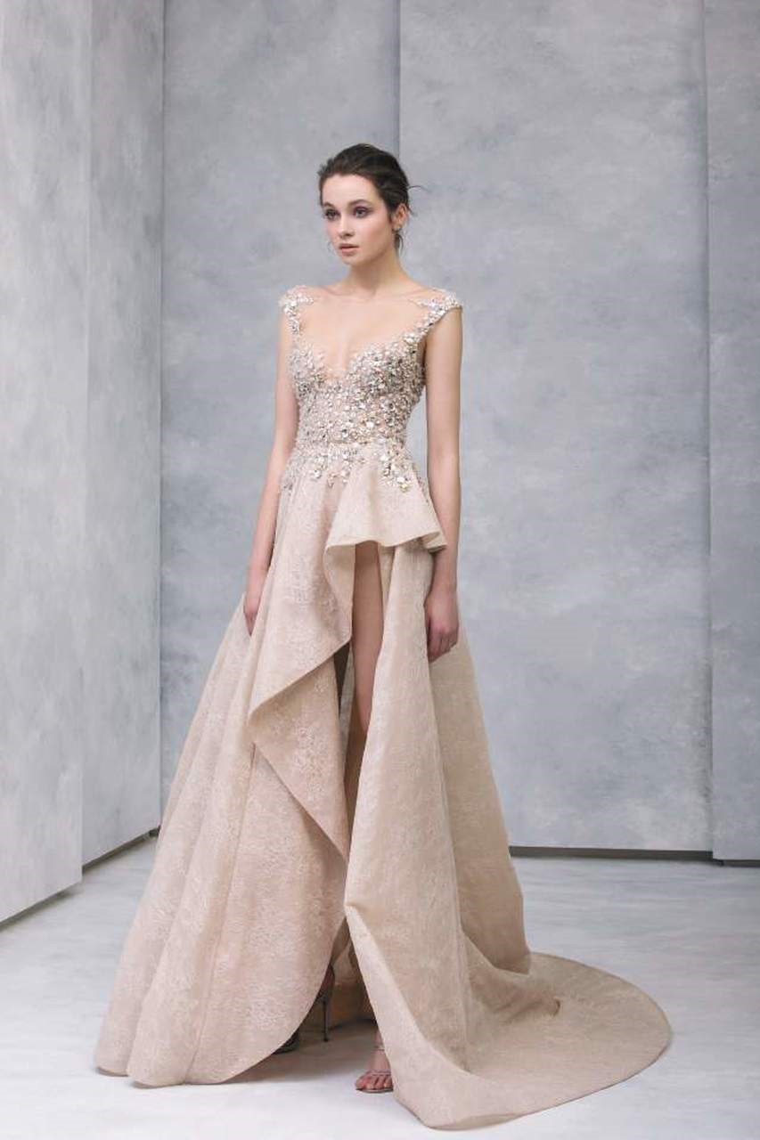 Hand-Embroidered Cap Sleeve Slit Gown