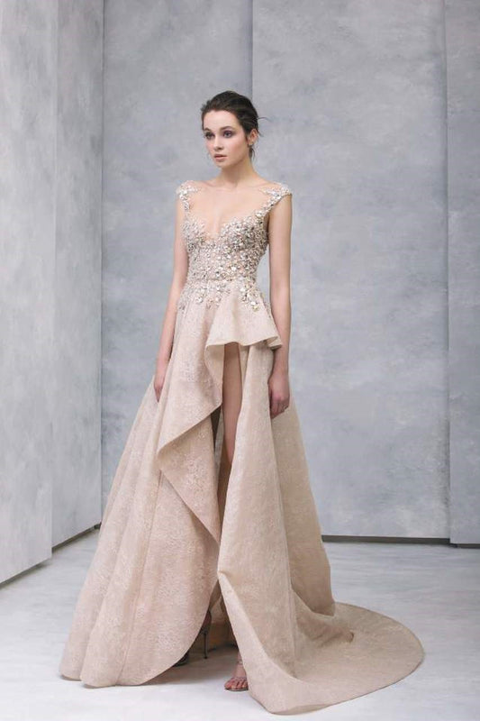 Hand-Embroidered Cap Sleeve Slit Gown