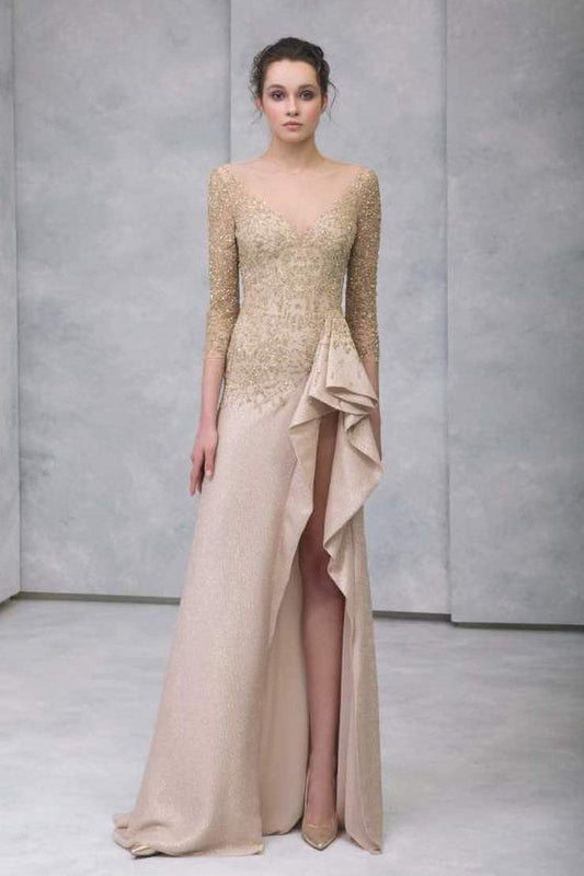¾ Sleeve Lurex Georgette Slit Gown