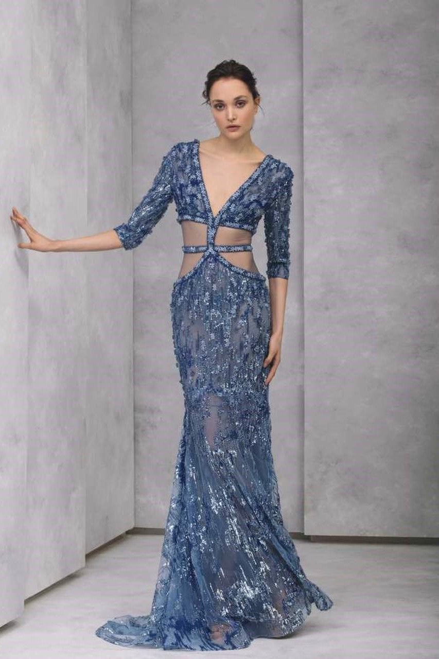 Mermaid-Cut Embroidered Tulle ? Sleeve Gown