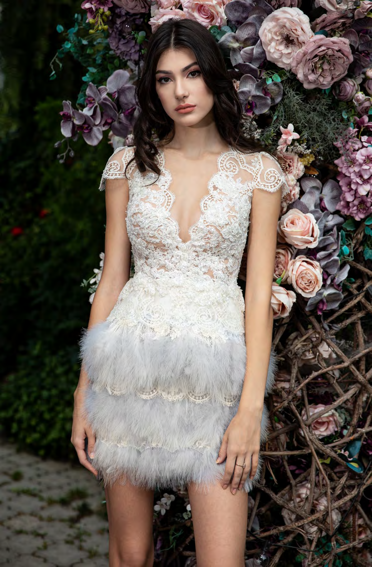 Lace Cap Sleeve Feathered Skirt Mini Dress