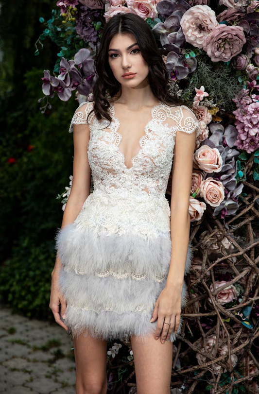 Lace Cap Sleeve Feathered Skirt Mini Dress