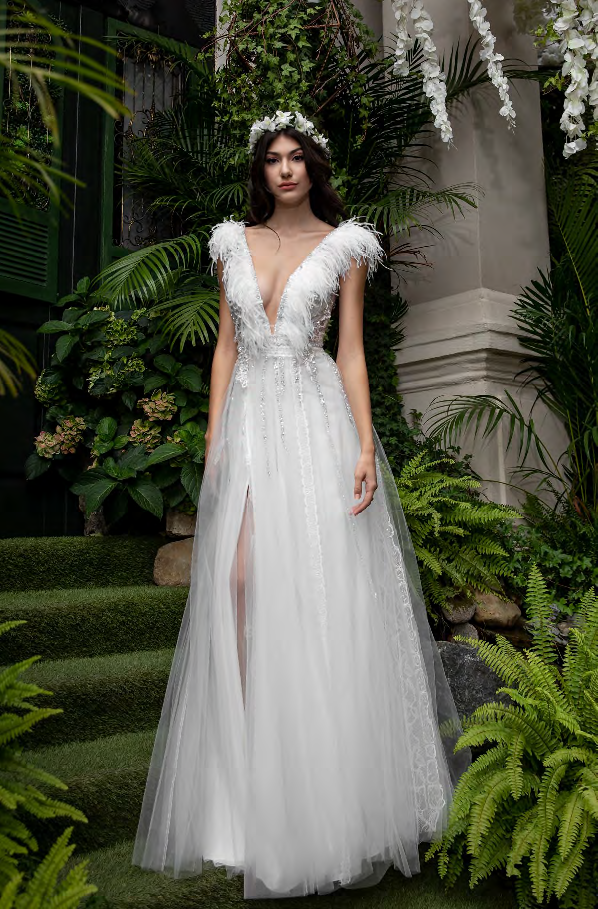 Feathered Cap Sleeve Gown with Slit