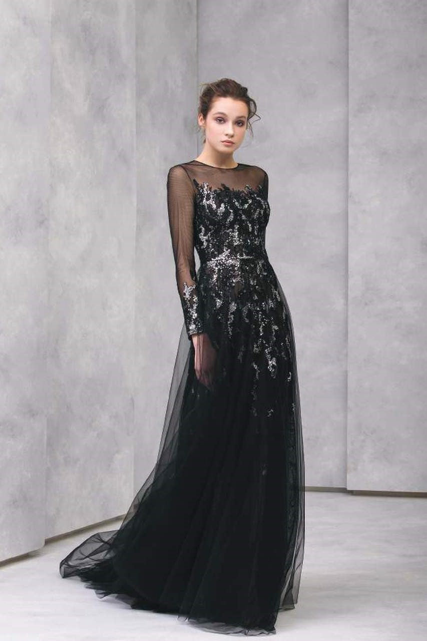 Encrusted Lace Long Sleeve Gown