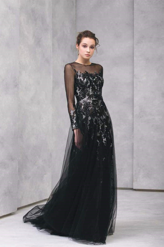 Encrusted Lace Long Sleeve Gown
