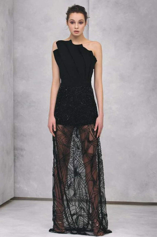 Strapless Pleated Crepe Crystal Beaded Gown