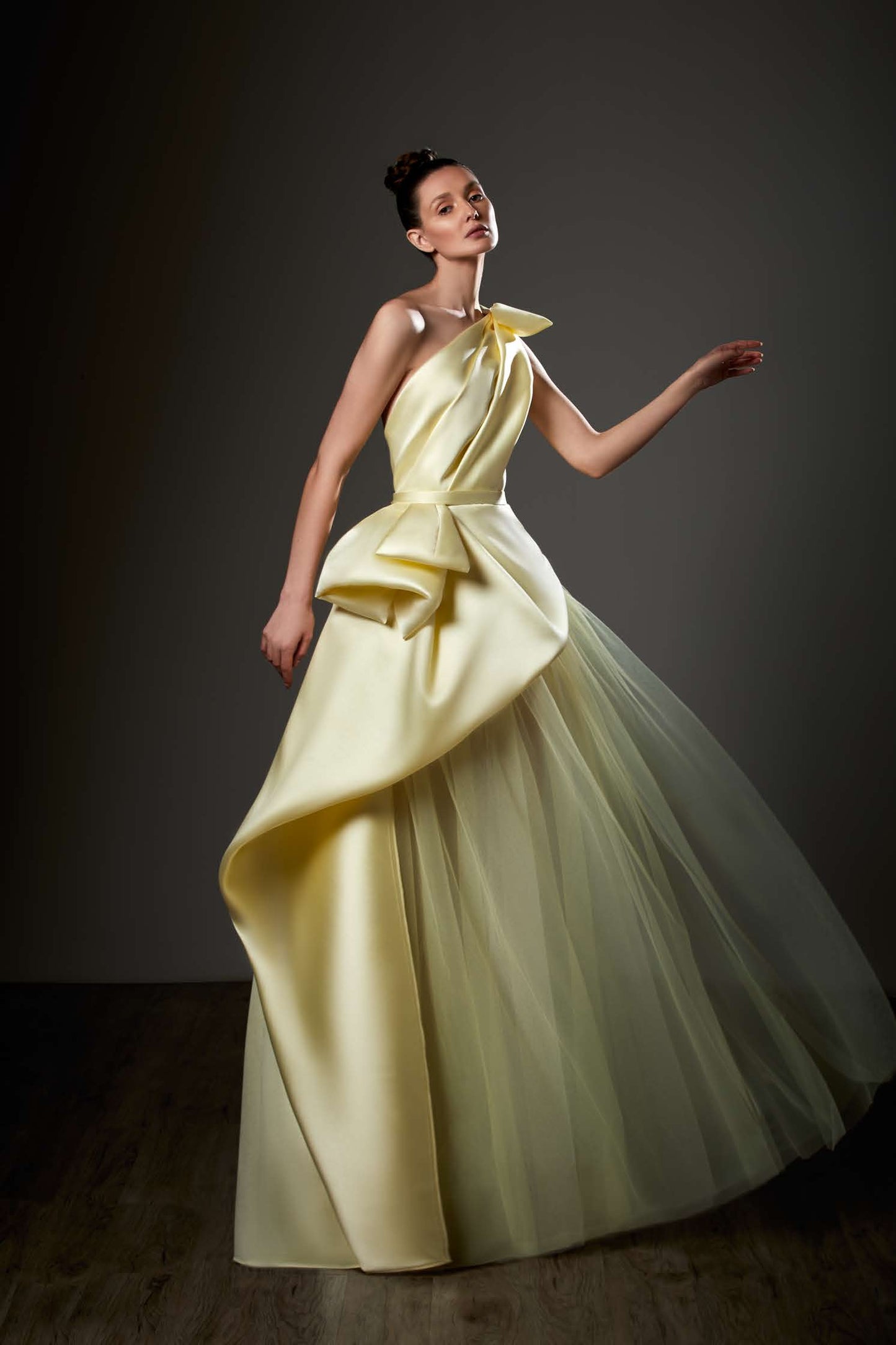 One Shoulder Micado and Tulle Gown