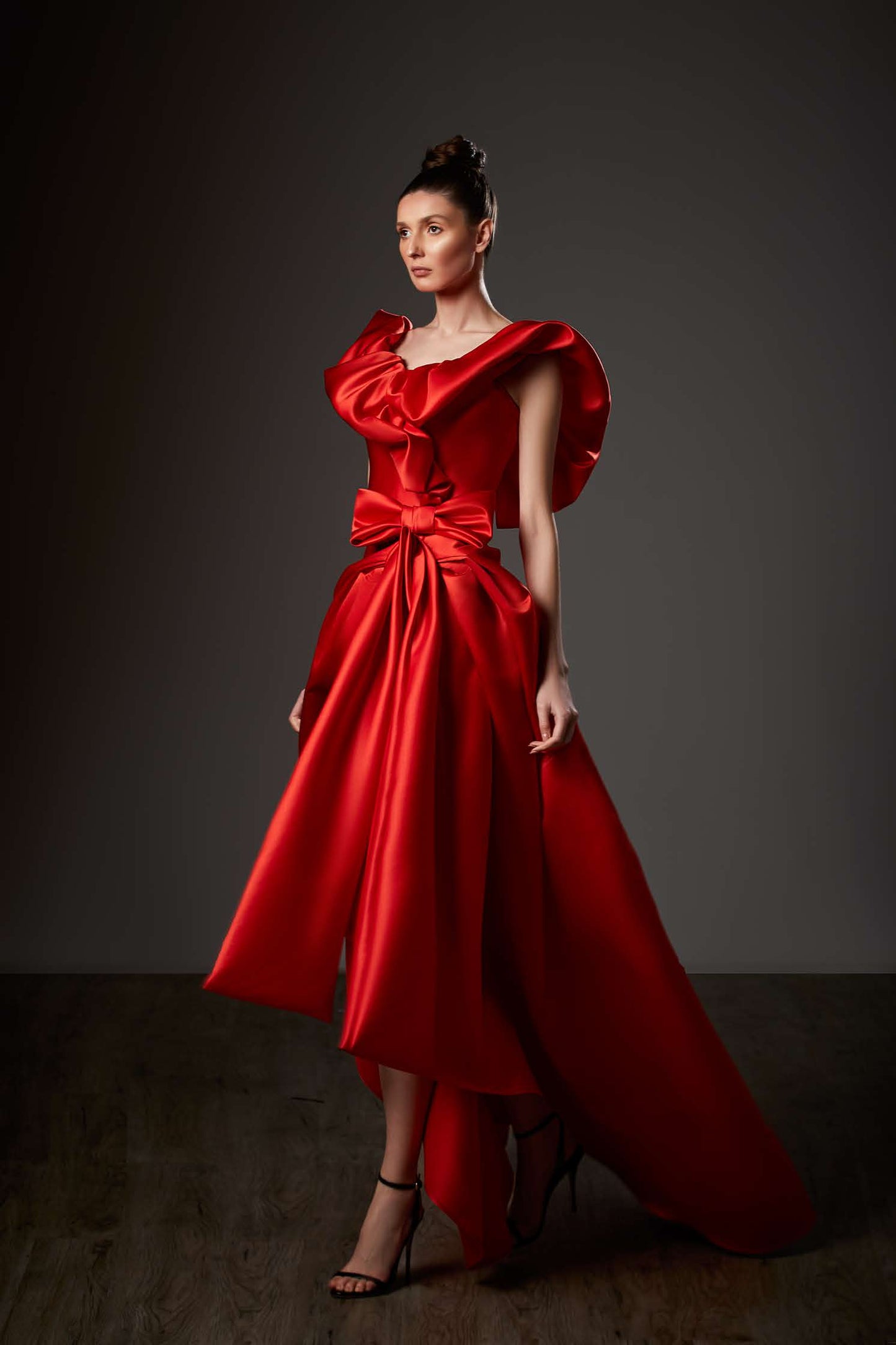 Ruffled Neck High_Low Satin Gown