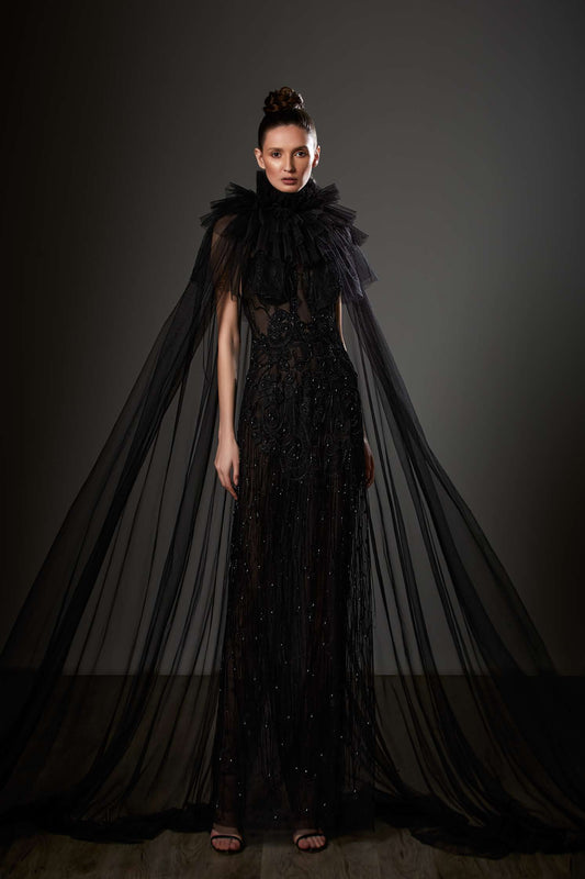 High Neck Cape Sleeve Column Gown