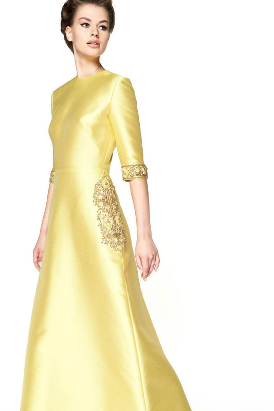 ¾ Sleeve Mikado Piqué-Gown