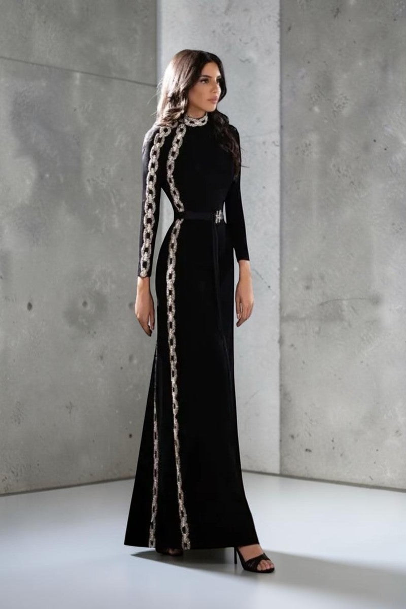Chain Embroidered Long Sleeve Gown