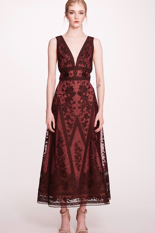 V-Neck Embroidered Tulle Dress