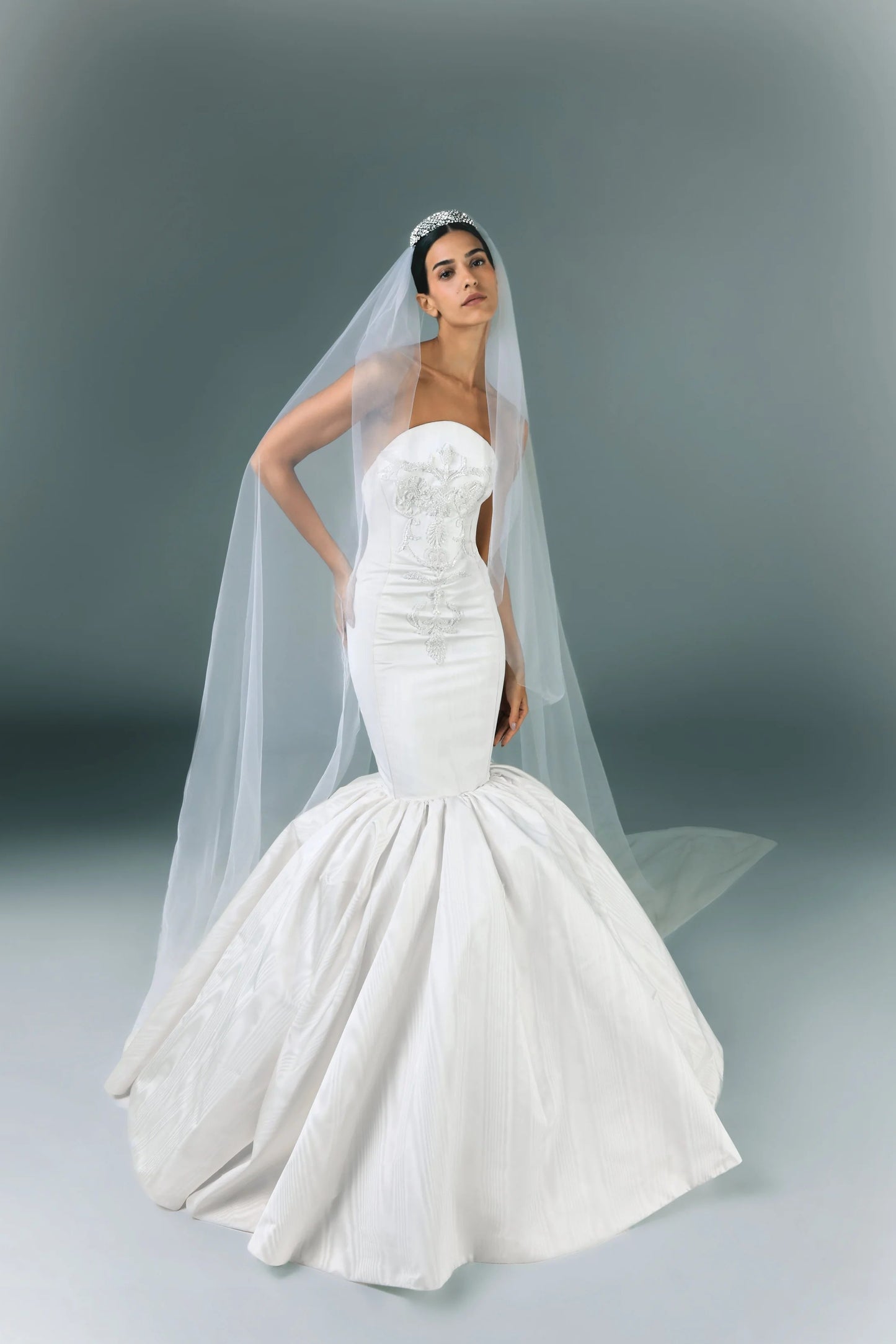 Long Embroidered Strapless Moire Bridal Dress