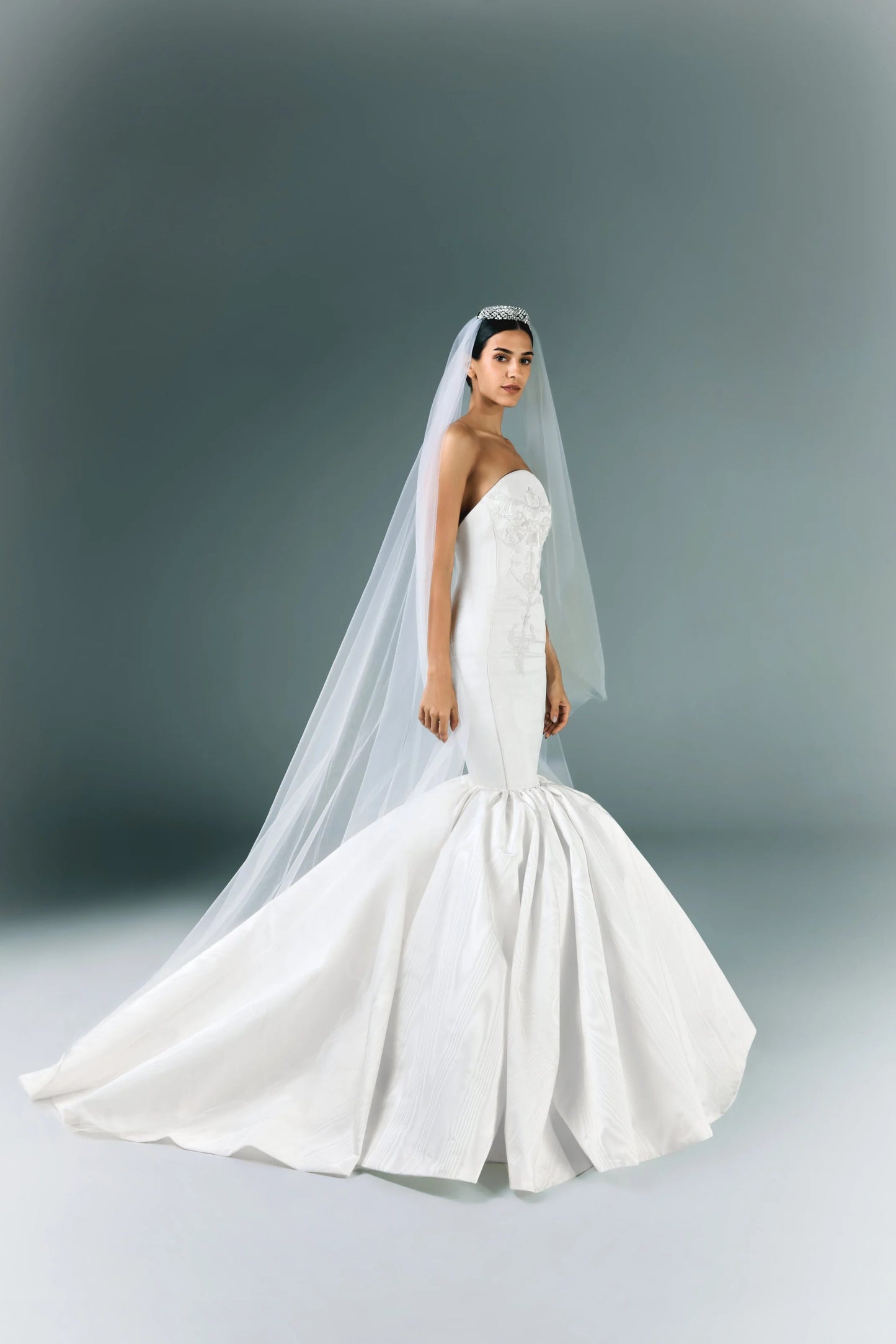 Long Embroidered Strapless Moire Bridal Dress