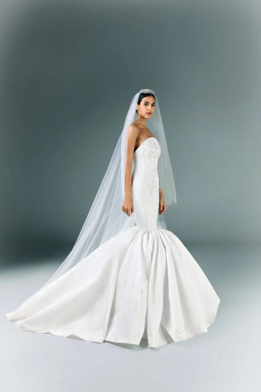 Long Embroidered Strapless Moire Bridal Dress