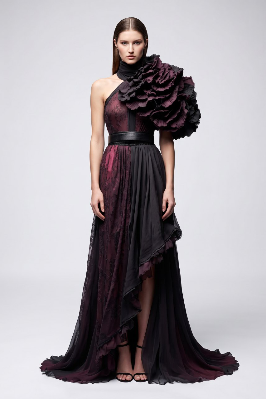 Oversized Ruffle High Neck Gown