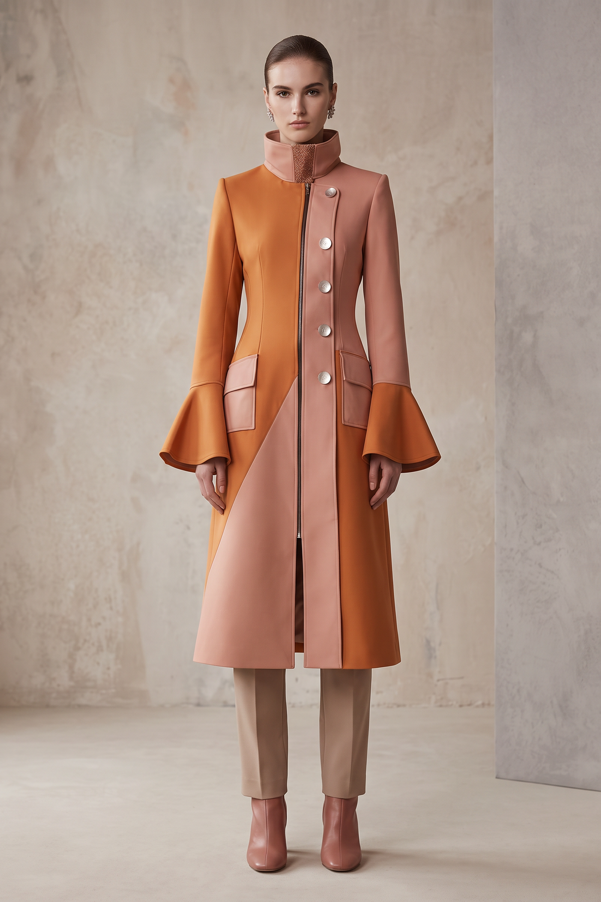 High-Neck Fitted Long Jacket