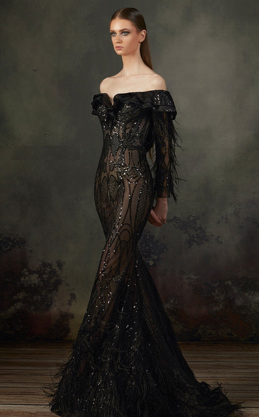 Off Shoulder Black Embellished Evening Gown