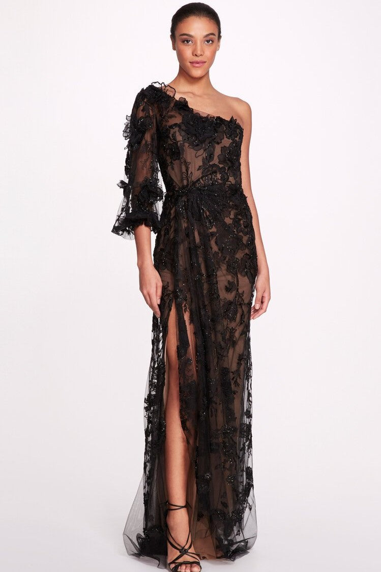 One Shoulder Illusion Tulle Gown