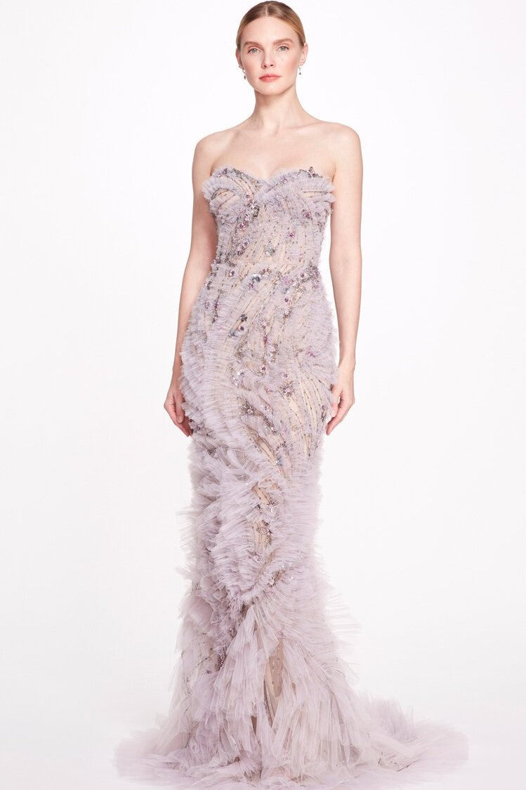Strapless Textured Flared Gown