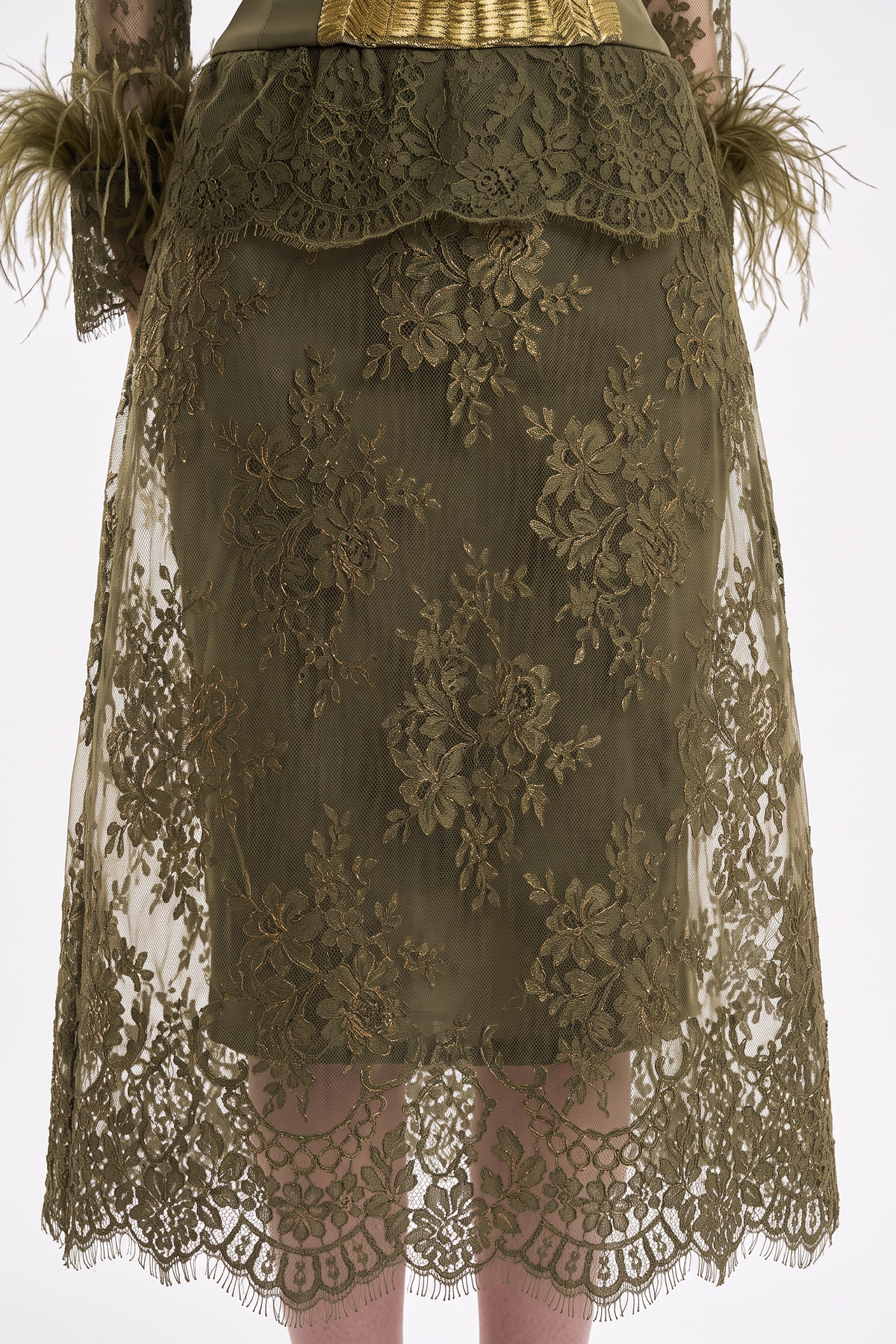 Lace Feather-Trim Top and Cage Skirt Set - Green