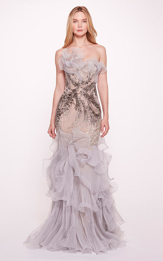 Strapless -Pleated Ruffle Gown