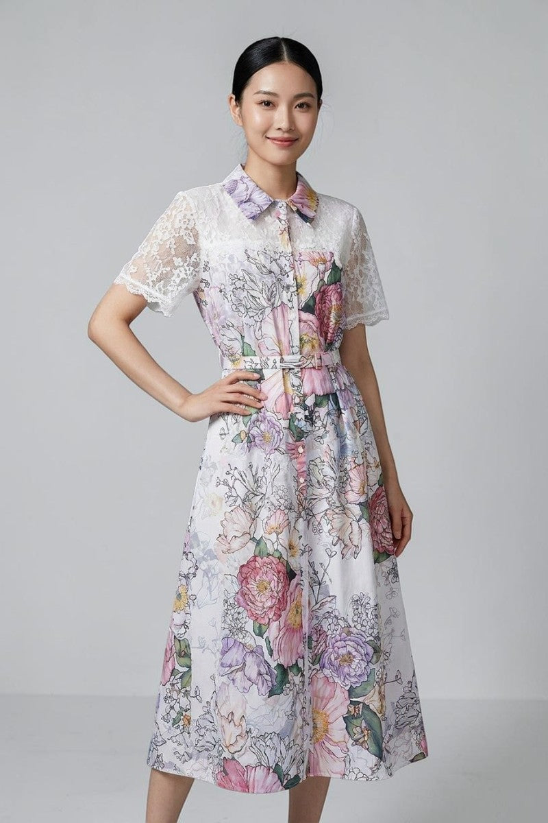 Short Sleeve Floral Midi