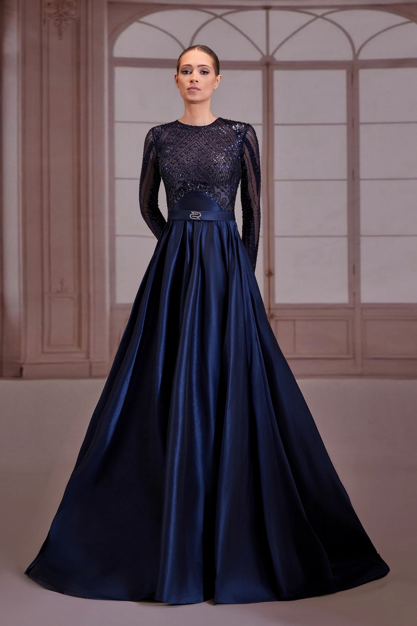 Navy Blue Dress with Beaded Bodice