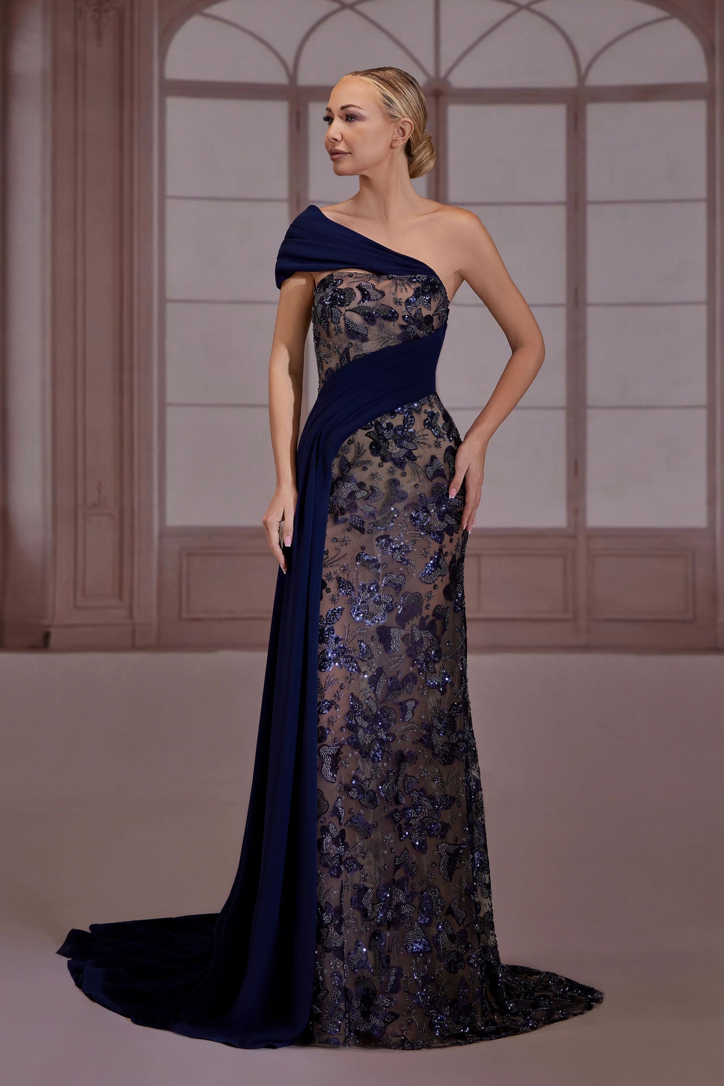 Navy Blue Embroidered Column Dress