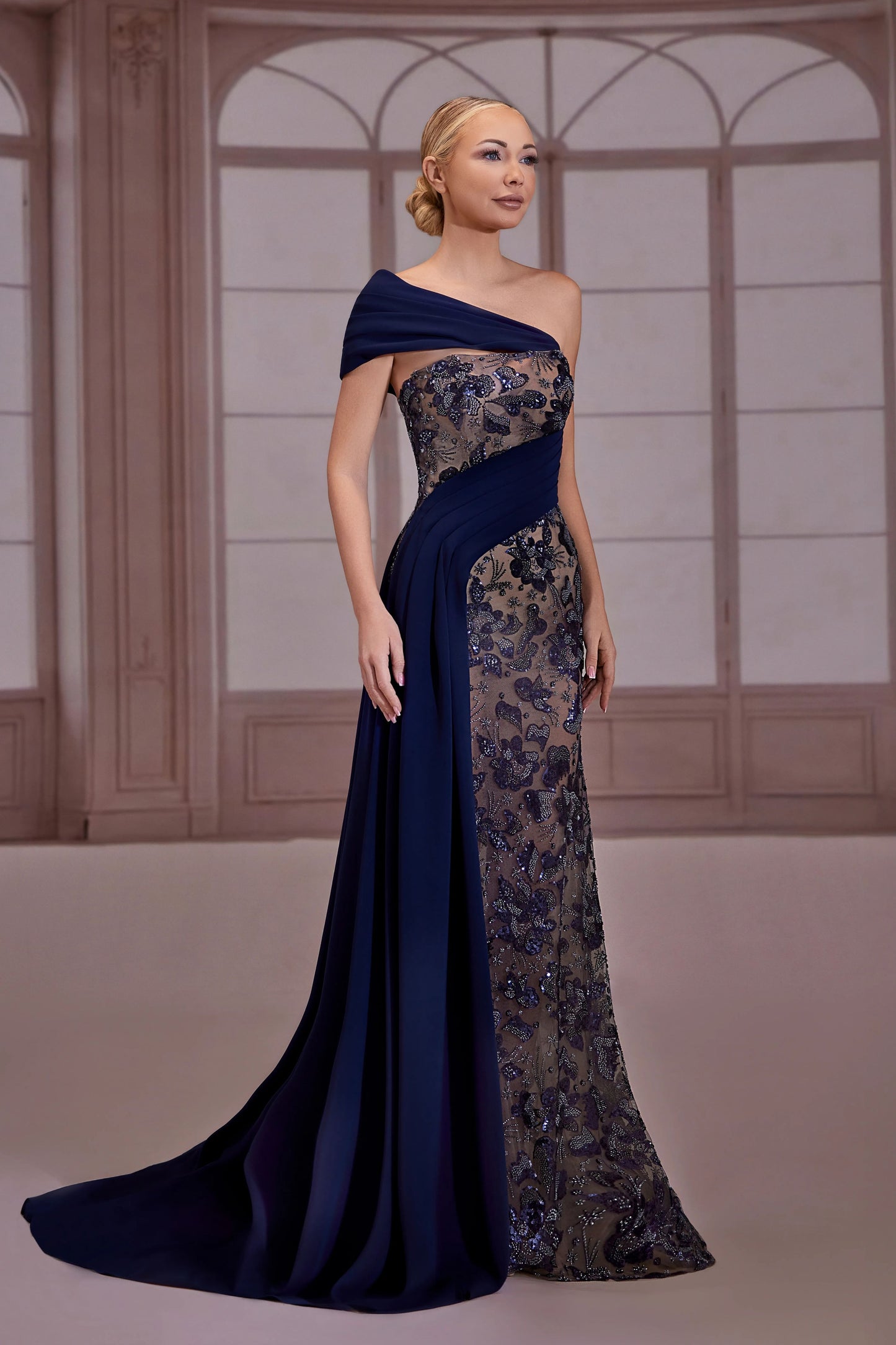 Navy Blue Embroidered Column Dress