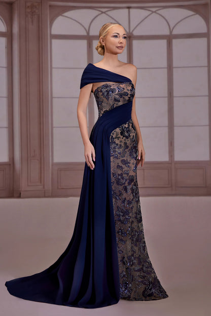 Navy Blue Embroidered Column Dress