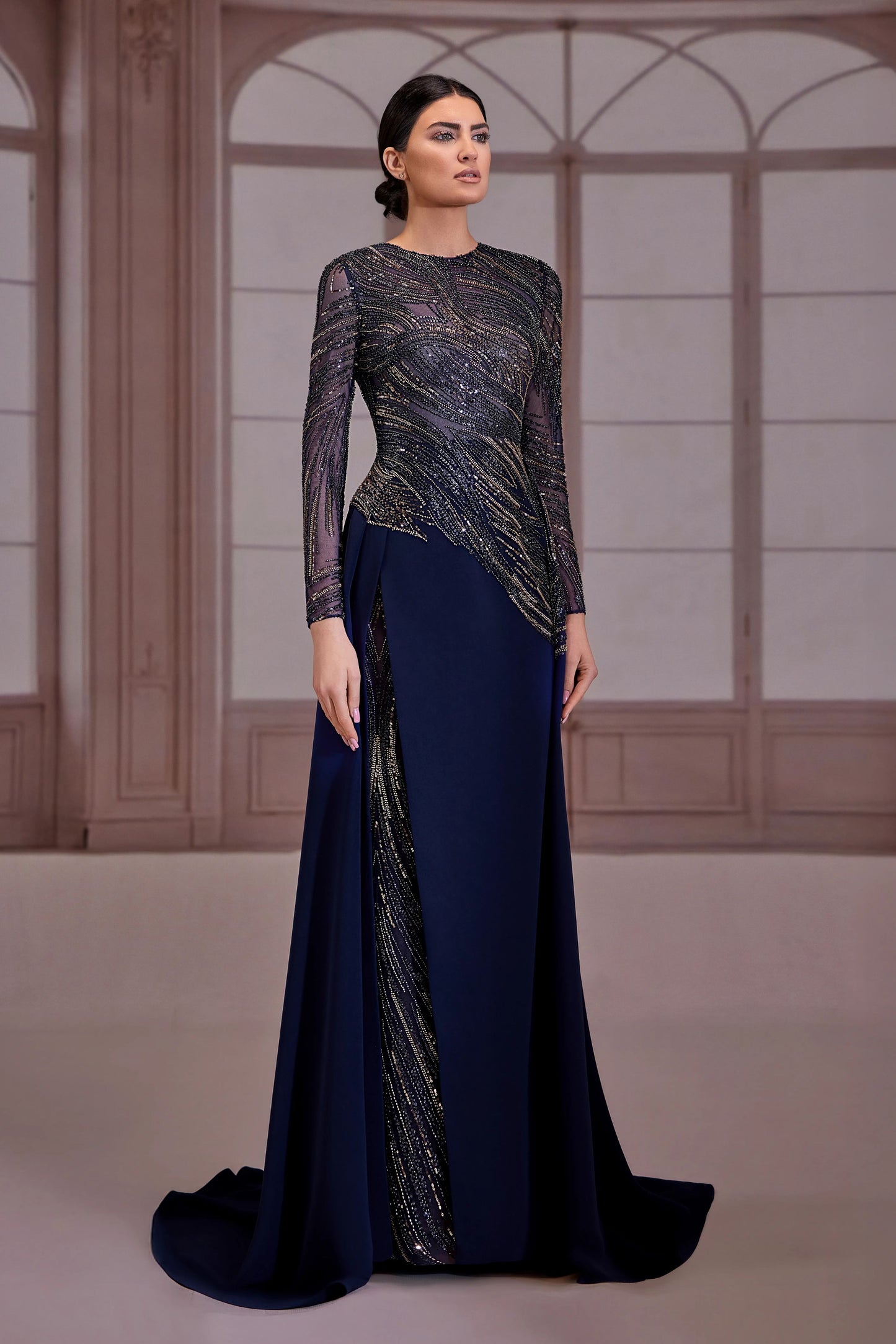 Navy Blue Long Sleeve Beaded Dress
