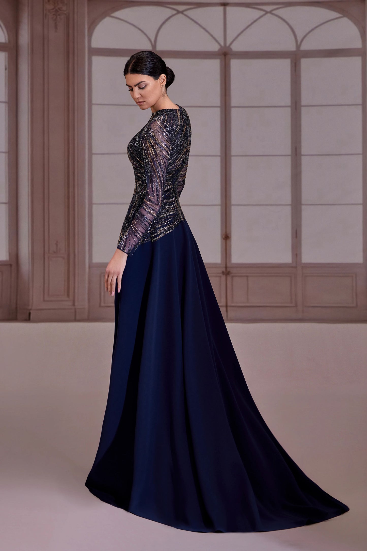 Navy Blue Long Sleeve Beaded Dress
