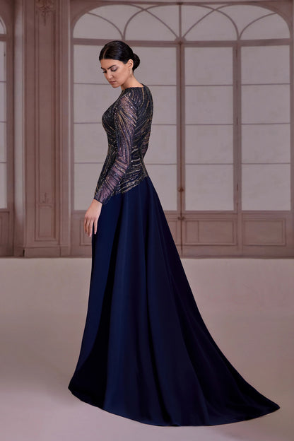 Navy Blue Long Sleeve Beaded Dress