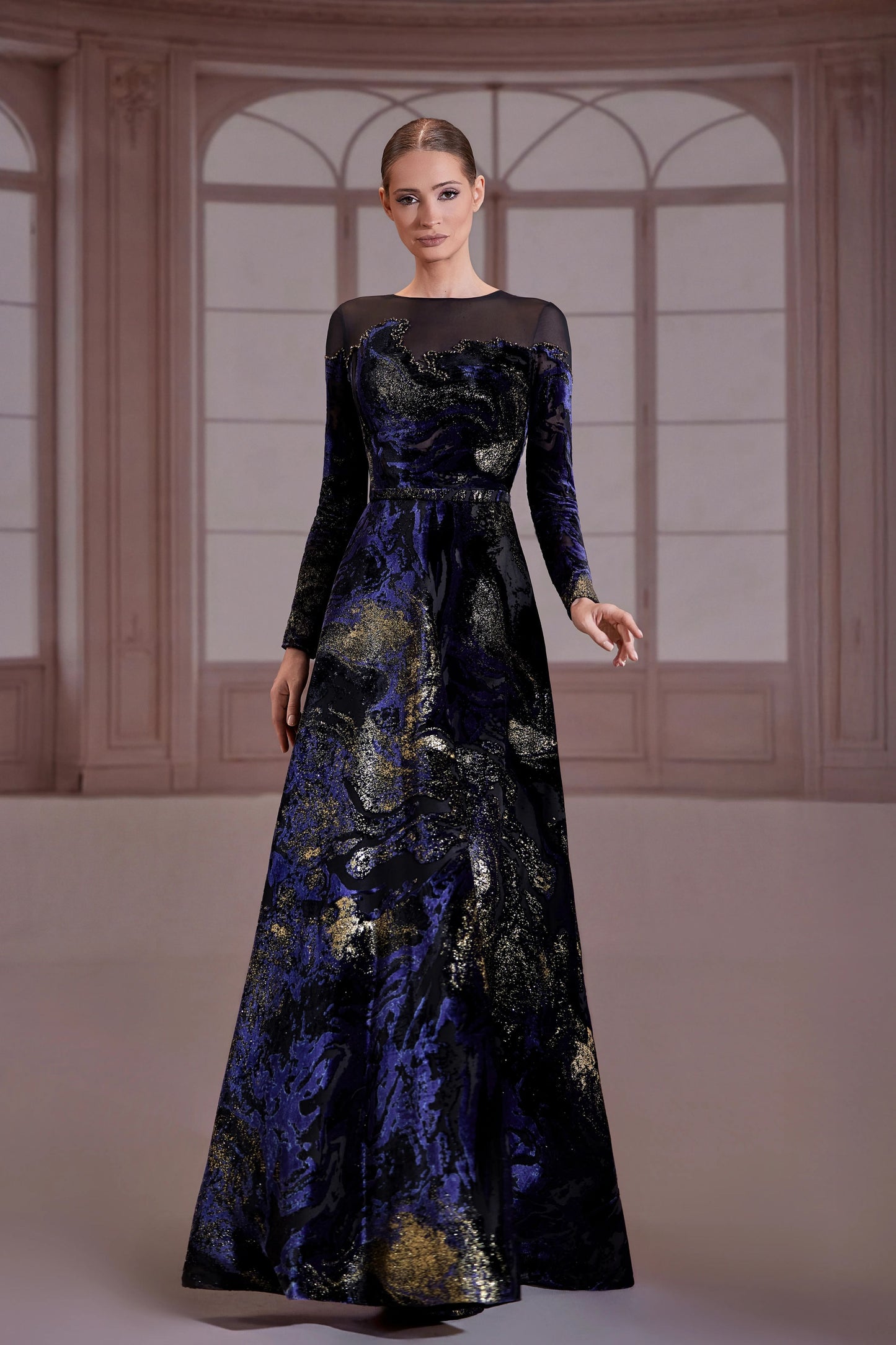 Navy & Gold Illusion Velvet Dress