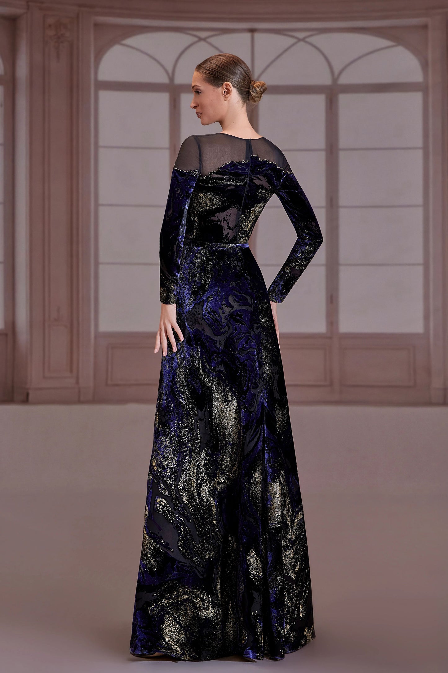 Navy & Gold Illusion Velvet Dress