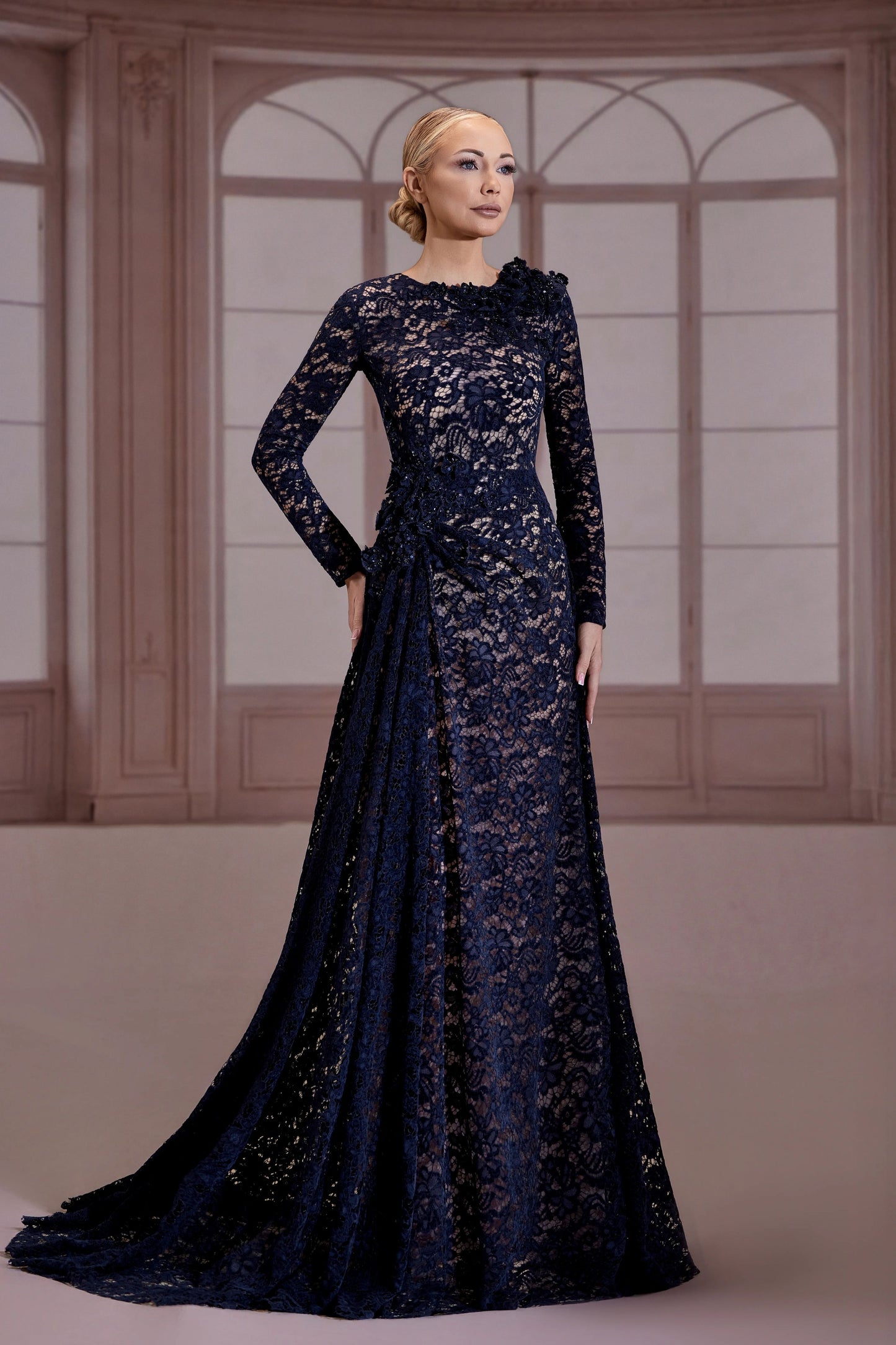 Navy Blue Floral Lace Dress