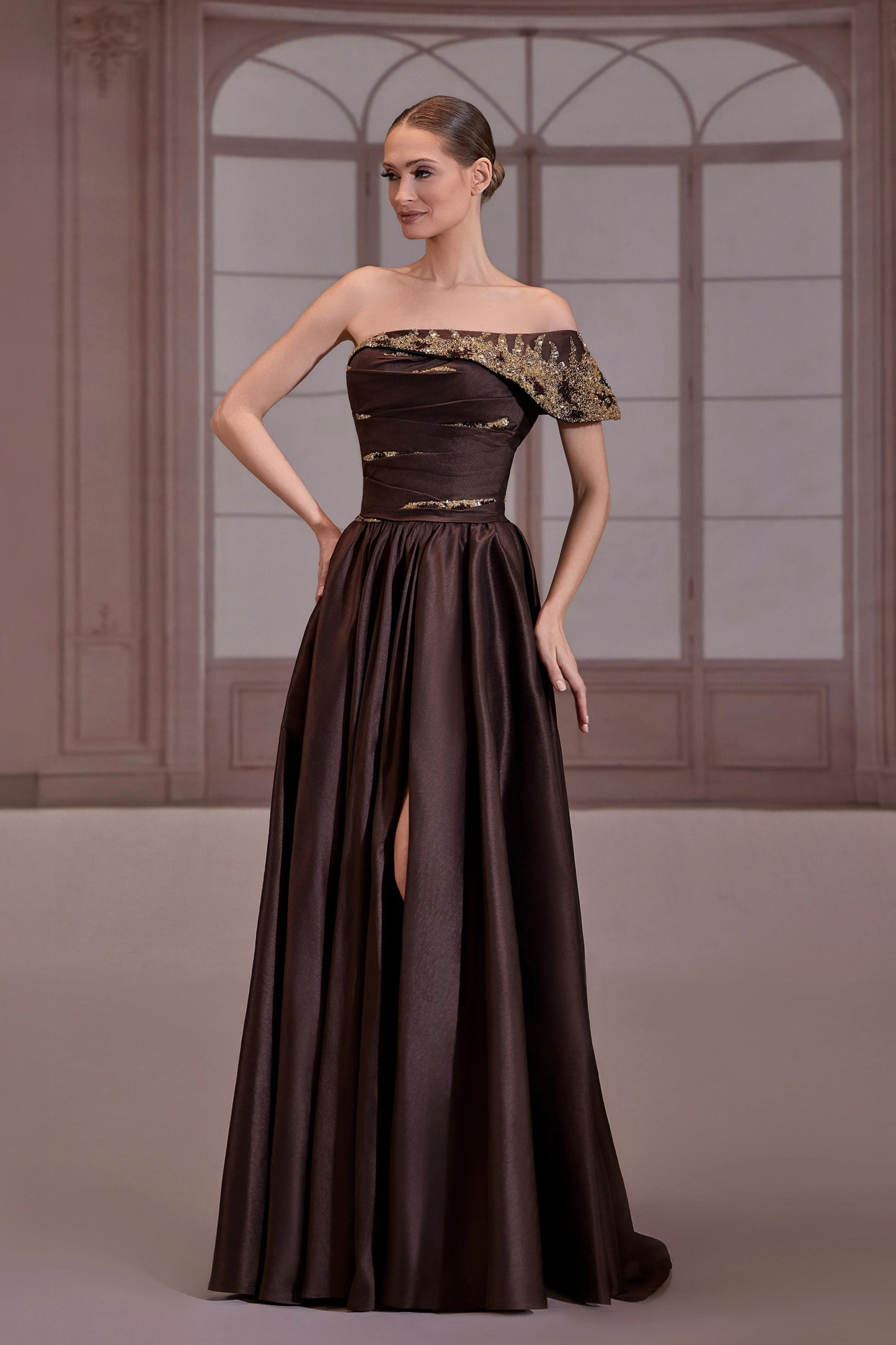 Brown Off Shoulder Taffeta Dress