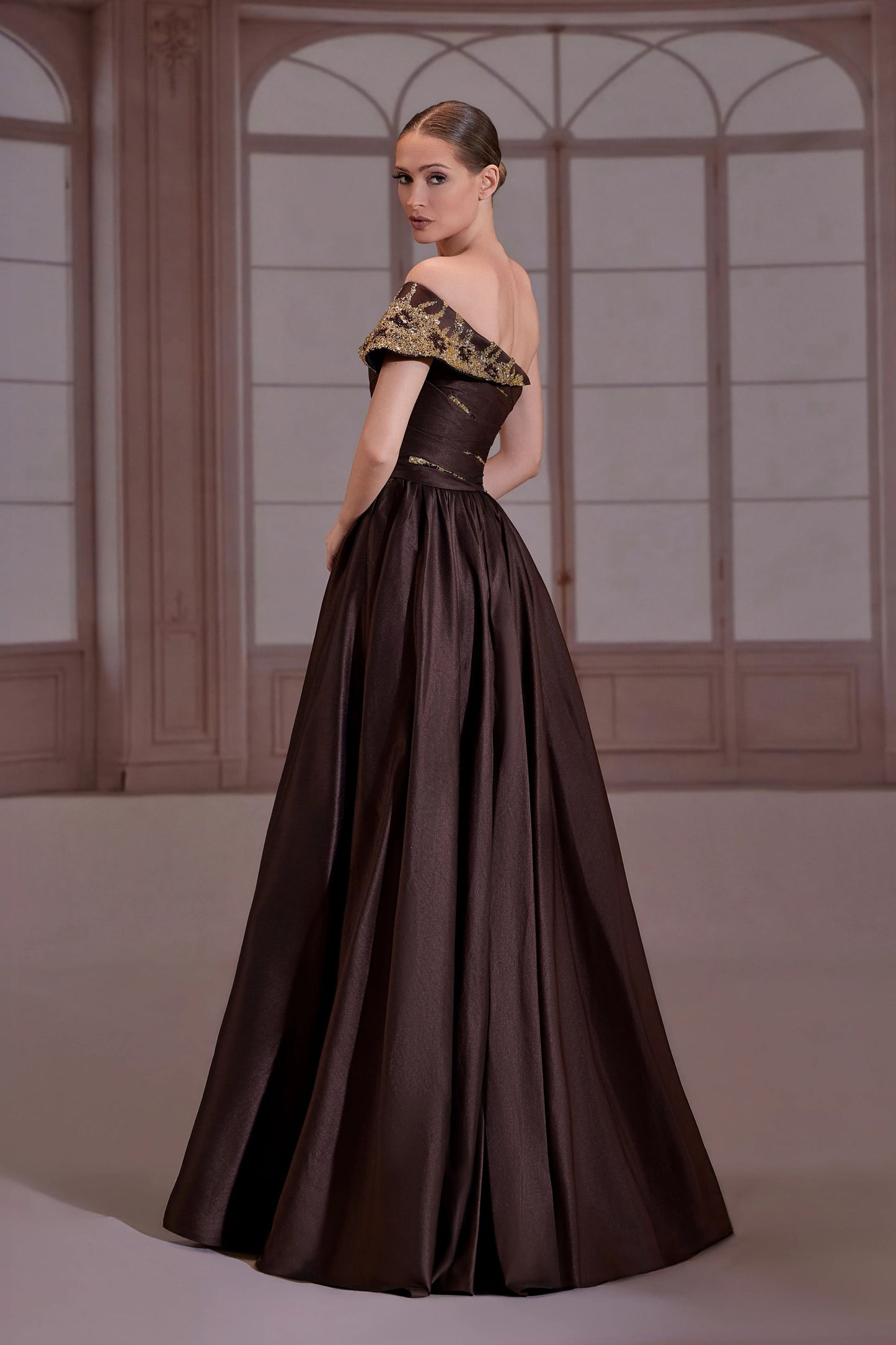 Brown Off Shoulder Taffeta Dress
