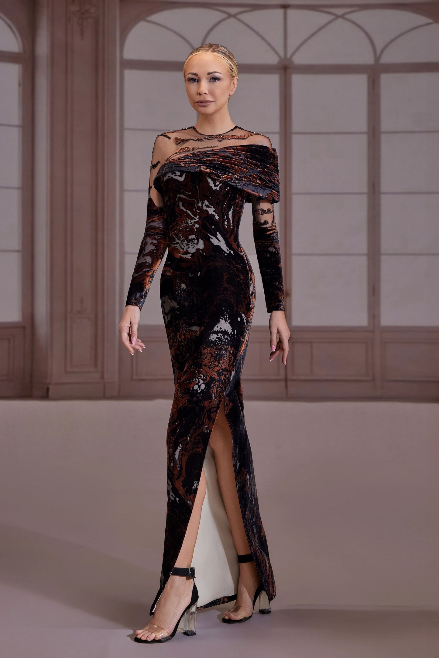 Black & Brown Illusion Velvet Dress