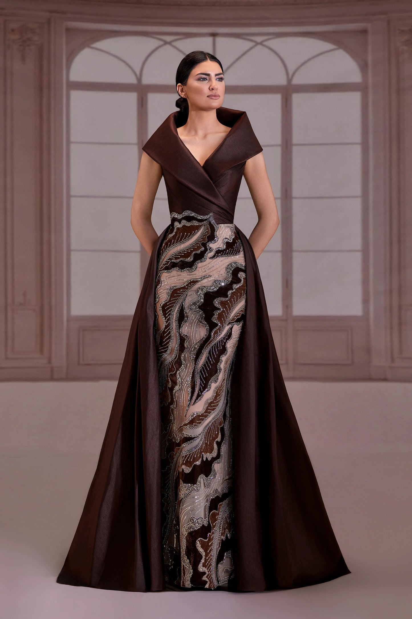 Brown Structured Taffeta Collar Dress