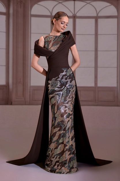 Brown Sheer Embellished Dress