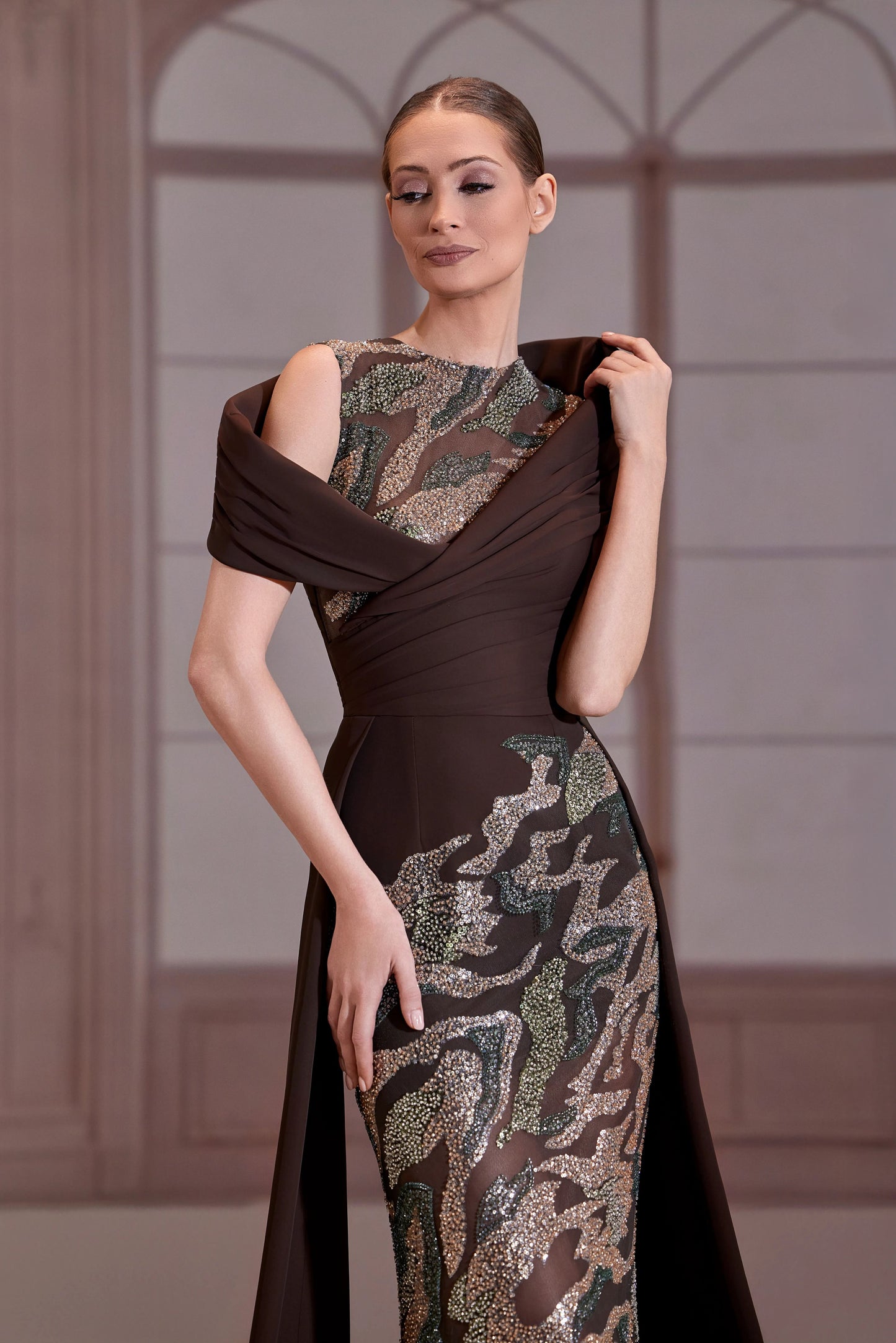 Brown Sheer Embellished Dress