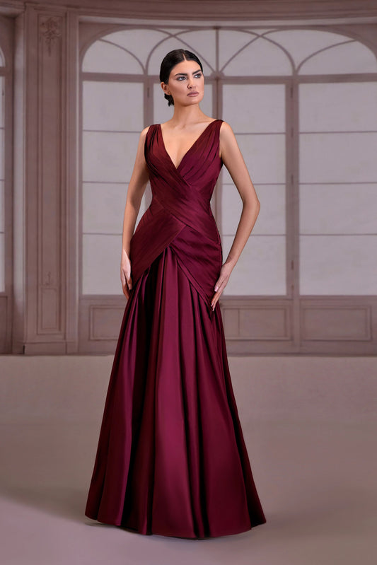 Plum Taffeta V-Neck Dress