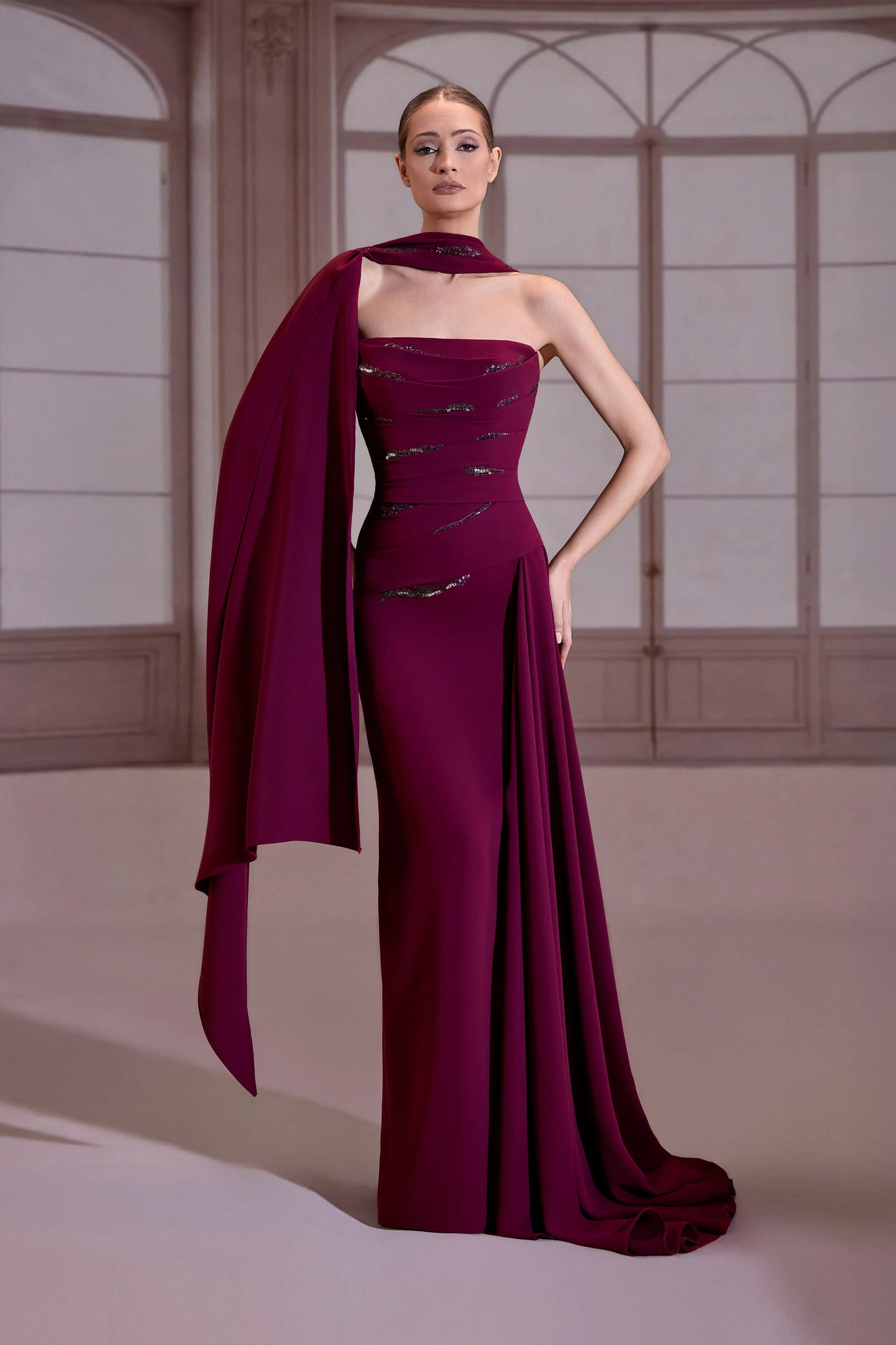 Plum Strapless Pleated Crepe Dress