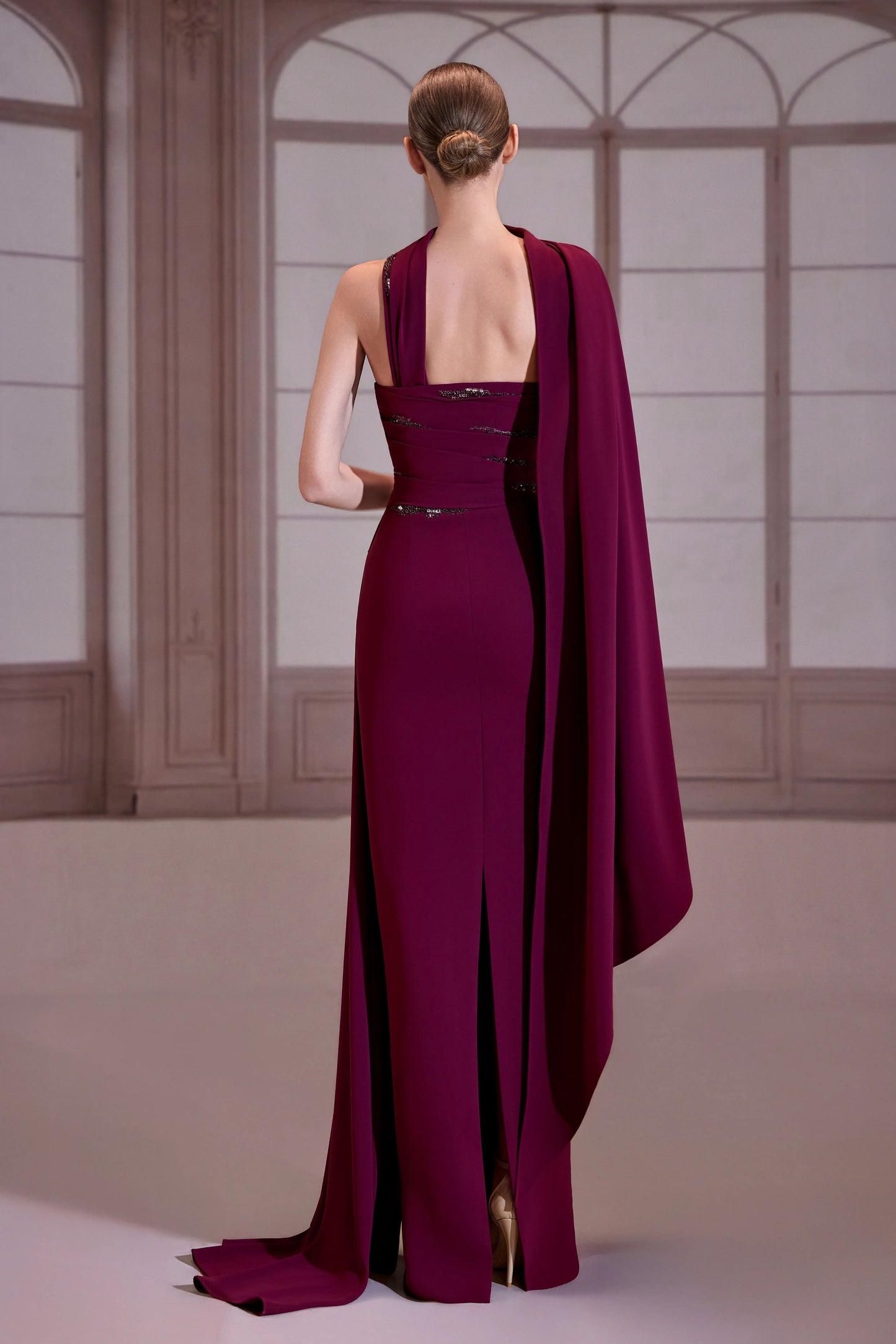 Plum Strapless Pleated Crepe Dress