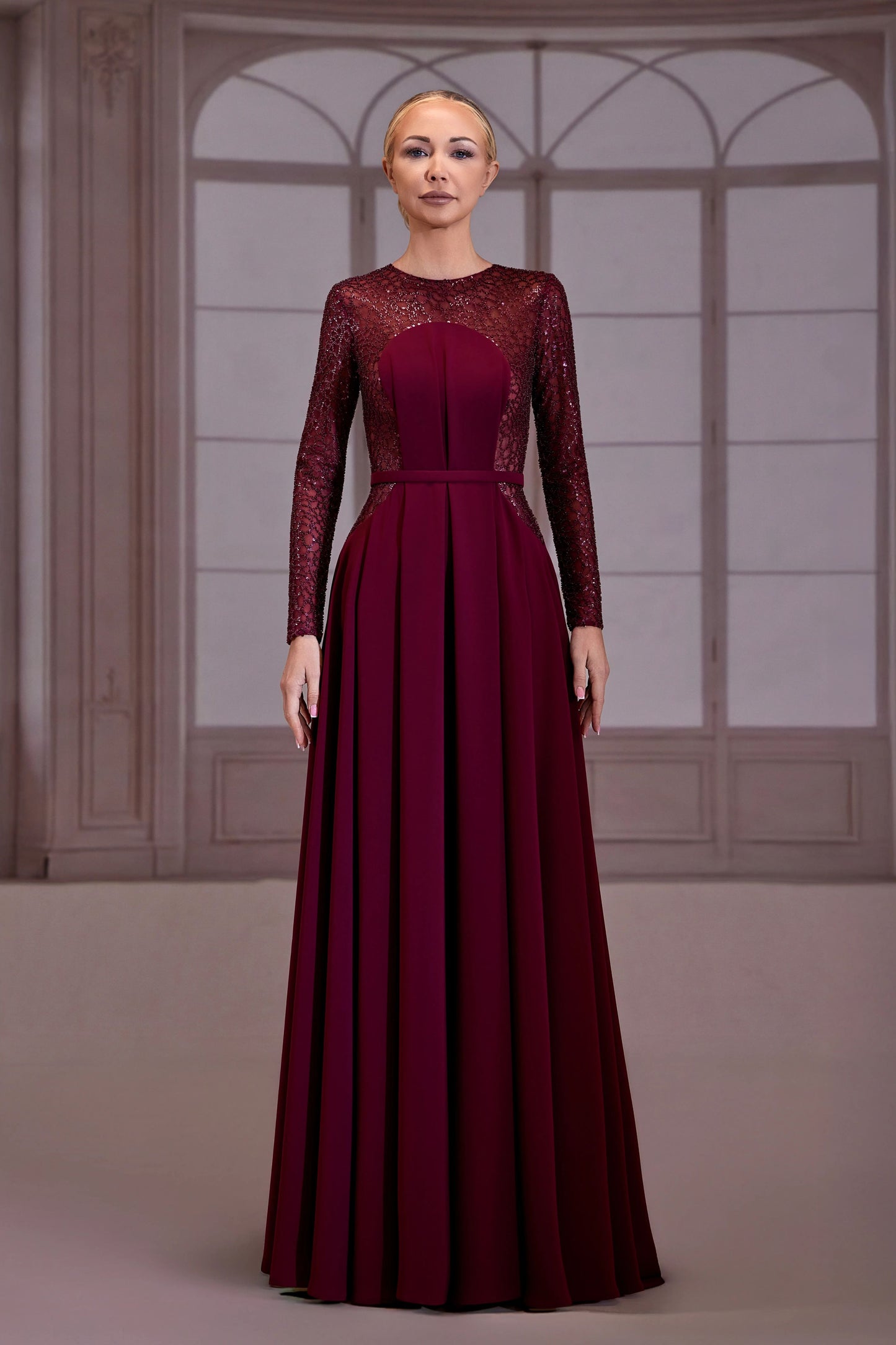 Plum Beaded Long Sleeve Dress